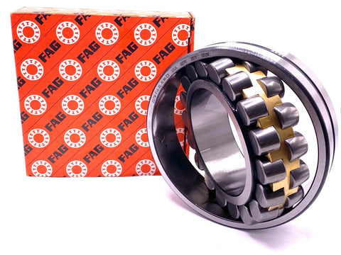22218 Spherical Roller Bearing 90X160X40 Millimeters Heavy Duty Industrial Powerhouse Open Build with grease grooves against box.