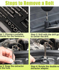 Steps to remove a bolt using Broken Bolt Extractor Set 25 Piece Kit For Stripped Damaged Rusted Rounded Off Bolts With Easy Out Drill Guides and Extraction Tools