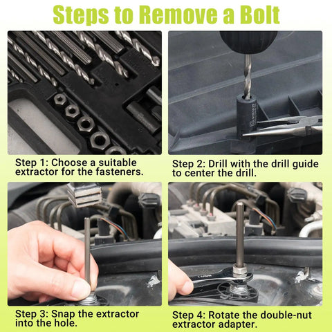 Steps to remove a bolt using Broken Bolt Extractor Set 25 Piece Kit For Stripped Damaged Rusted Rounded Off Bolts With Easy Out Drill Guides and Extraction Tools