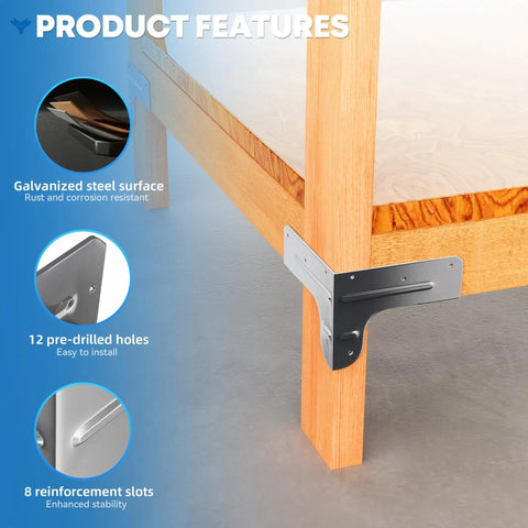 Heavy Duty Galvanized Steel 2x4 Workbench Bracket Kit showing corner bracket installed on wooden frame with product features