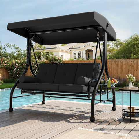 Three Seat Patio Swing With Adjustable Canopy And Stand by pool, black cushions, wooden deck, outdoor furniture, for adults up to 800 lbs