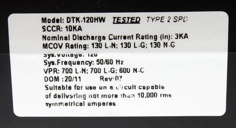 Label with specifications for Rock Solid 120V Ac Hardwired Parallel Surge Protector With Diagnostic Led For Ground Power And Protection Status