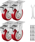 Solid As A Rock Six Inch Polyurethane Caster Wheels Rolling Smooth As Butter With Quiet 360 Degree Swivel Action For Effortless Glide On Hard Floors Heavy Duty Four Pack including four red wheels with mounting hardware.