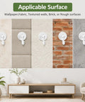 360 Degree Swivel Adhesive Wall And Ceiling Hooks, Heavy Duty No Drill Hanging Clips on various surfaces like brick, textured walls, and wallpaper.