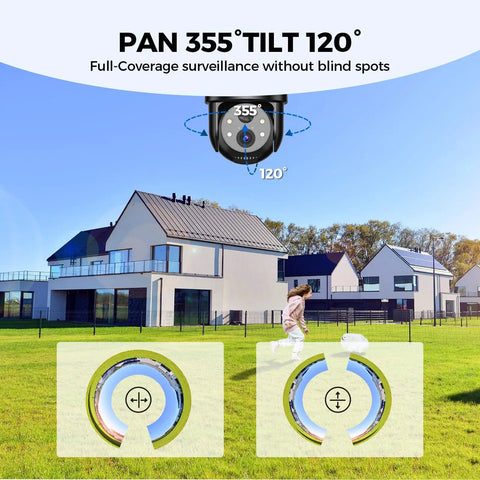 2K 360 Degree Solar Wireless Outdoor Security Camera with color night vision shown in use with home exterior surveillance angles