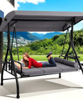 3 Seat Outdoor Porch Swing With Adjustable Canopy And Convertible Bed For Easy Day To Night Lounging Heavy Duty Patio Swing