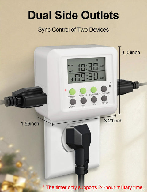 Heavy Duty Dual Outlet Programmable Timer Plug For Set It And Forget It Scheduling Plus Smooth Interval Cycling To Keep Electronics Humming At 15 Amps Indoors, showing dual side outlets and timer display.