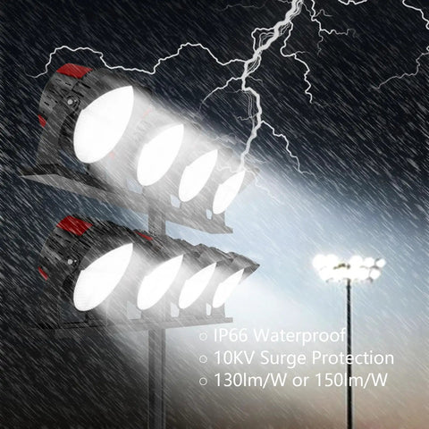 1200W Led Stadium Lights Serve Up Knockout Brightness With A Razor Sharp Thirty Degree Beam Angle For Heavy Duty Outdoor Flood Fixtures Rated As Four Thousand Eight Hundred Watt Metal Halide Equivalents Ip66 Waterproof in a storm.