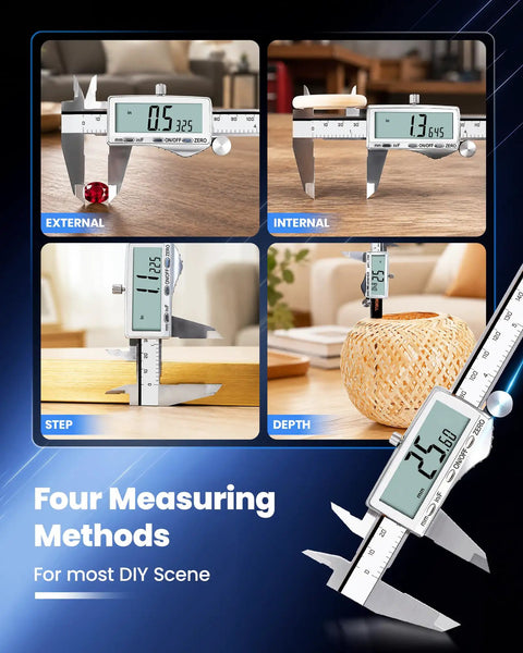 HARDELL Digital Caliper, 6" Rechargeable Calipers with Large LCD Screen displaying external, internal, step, and depth measurements.