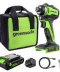 Gnarly 24V Brushless Cordless Impact Driver With Badass 1950 Inch Pound Torque And Fast Swap Hex Collet Two Point Zero Amp Hour Battery Paired With Lightning Fast Usb Charger And Reinforced Braided Cable Built Tough in carrying case with battery and charger.