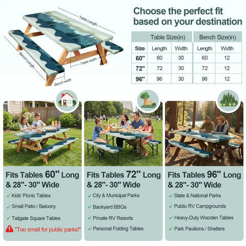 Waterproof Windproof Picnic Table Cover With Bench Covers 3 Piece Set for Standard 6 Foot Rectangular Tables And Benches Fitted 72 By 30 Tablecloth And 72 By 12 Bench Covers Includes Drawstring Bag For Outdoor Camping Green Blue with size guide and usage options shown.