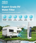 Campout Ready Rv Inline Water Filter For Garden Hose And Camper Rig Nsf Certified shown with RV in a campground.