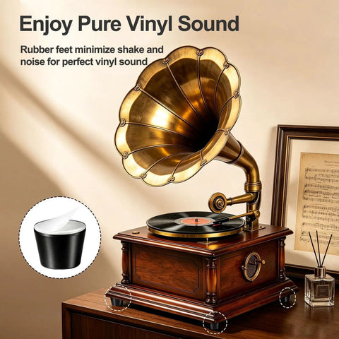 Hella Grippy Rubber Speaker Isolation Feet Self Adhesive Anti Vibration Damping Silicone Bumpers For Guitar Amps Studio Monitors And Audio Gear Eight Pack under a vintage gramophone.