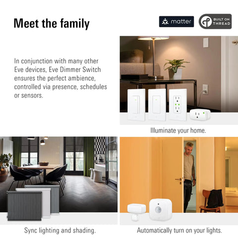 No Fuss Matter Smart Dimmer Switch 2 Pack, Single Pole Wall Controller For Alexa Apple HomeKit Google SmartThings, Thread Hub Required, Neutral Wire, UL Certified Pro Grade Light Control displayed with various home lighting devices.