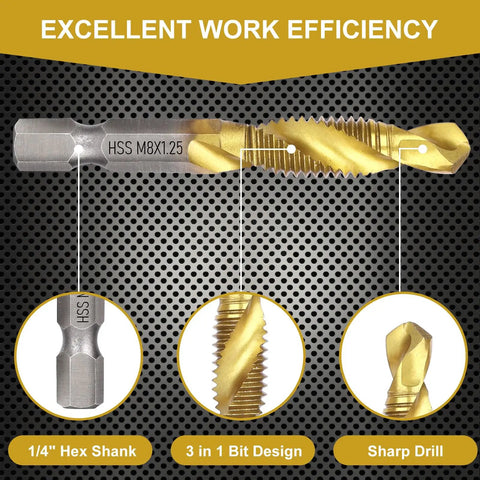 Close-up of All In One Drill Tap Set With Quick Change Adapter 13 Piece Kit for Drilling Tapping and Countersinking Three In One Bit System