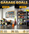 Heavy Duty Steel Storage Shelves 5 Tier Garage Shelving Unit 2 Pack 2000 Lbs Capacity, organized garage before and after.