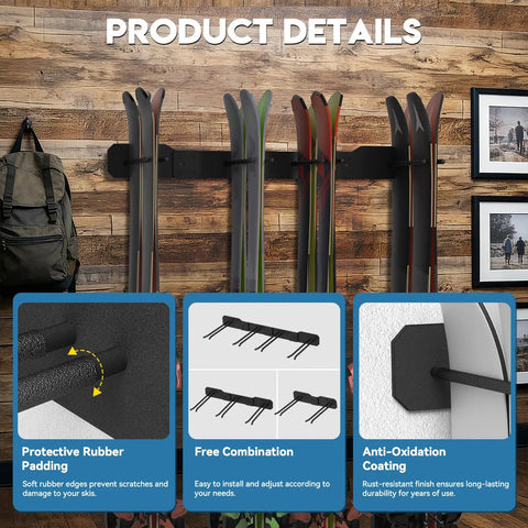Heavy Duty Ski Wall Mount Rack For Garage And Home Badass Modular Storage System Holds Eight Pairs Of Skis And Poles with rubber padding and wall mount.