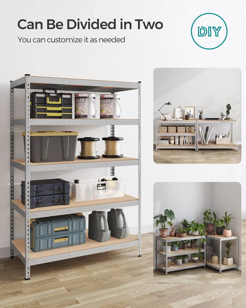 Heavy Duty Five Tier Steel Storage Shelves Packed With Solid Four Hundred Sixty Two Lb Per Shelf Capacity No Sweat Boltless Setup Adjustable Rack For Garage Shed Real Deal Steel Rack Silver Beige Accent with divided storage for tools and plants.
