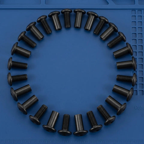 Black Furniture Connector Bolts And Barrel Nuts 40 Piece Kit showing black bolts arranged in a circular pattern on a blue background.