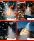 Led Grill Light With Magnetic Base And 360 Degree Gooseneck For BBQ Grilling Night Cooking, showing versatile uses including reading and car repair