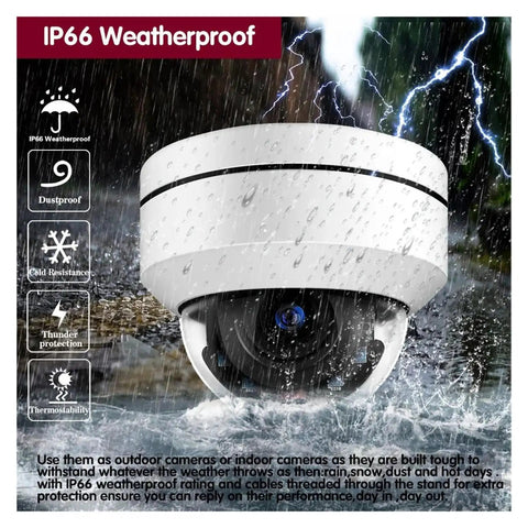 10X Optical Zoom 5MP PTZ Dome Camera System With 4K 8CH NVR Kit Featuring PoE IP Plug And Play Assembly, IP66 weatherproof design.
