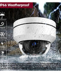 Heavy Duty 10X Optical Zoom 5MP PTZ Dome PoE Security Camera Delivering Kickass 4K Coverage Plus An 8CH H265 Video Recorder For Plug And Play Rock Solid Surveillance And Flawless Night Vision Anytime, IP66 weatherproof camera in heavy rain.