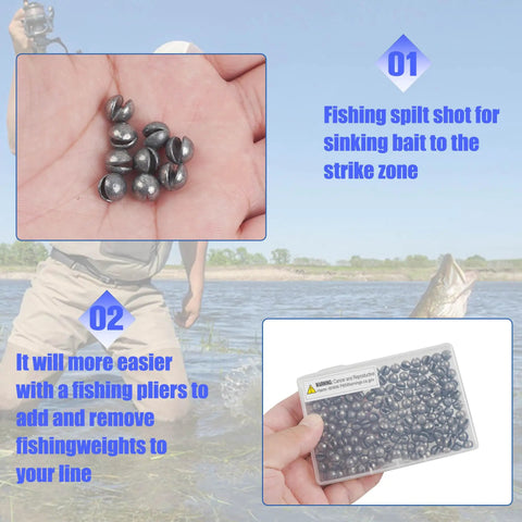 Removable Split Shot Weights For Fishing 1.8G 60Pcs Round Lead Sinker Set shown in hand and box for freshwater and saltwater use.