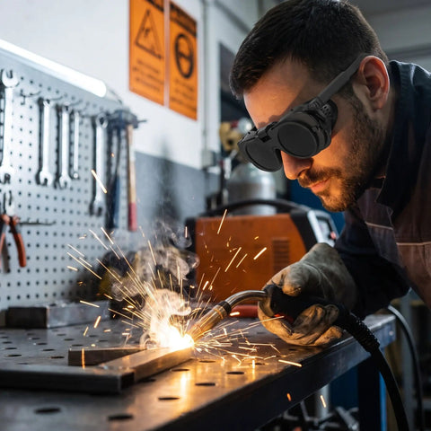 Man using Premium Heavy Duty Industrial Double Lens Welding Goggles Featuring Top Shelf Anti Glare Optics for welding sparks.