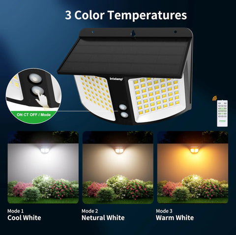Solar Motion Sensor Flood Light With Remote Control No Fuss Dual Color 3000K 6500K 180 Degree Radar IP65 Outdoor Wall Light modes