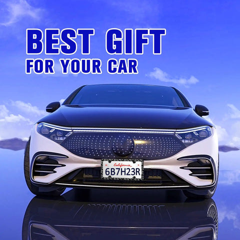 Car with California license plate and text 'Best Gift for Your Car' showcasing the Floral Dope License Plate Frame Easy Install Stainless Steel Car Plate Holder With Screws 6x12 Inch 4 Holes Auto Accessory For Women Men Black White Design