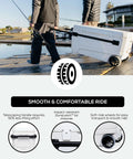 MaxCold Glide 110 Qt Insulated Rolling Cooler With Soft Ride Wheels pulled on dockside by telescoping handle