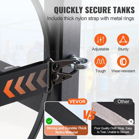 Close-up of thick nylon strap and metal ring on Premium Heavy Duty Carbon Steel Refrigerant Tank Rack Holds Five Gas Cylinders Hella Tough.