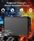 Fireproof Document Box With Lock, Waterproof Hard Shell Safe For Home Office, Portable File Organizer shown with fire and water resistance features.