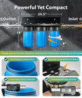 Heavy Metals Whole House Water Filter System with three blue filtration canisters, measuring 24.5 inches long and 18 inches high.