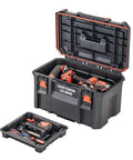 TradeStack 21 Inch Waterproof Tool Box With Lockable Stackable Design open with removable tray and power tools visible