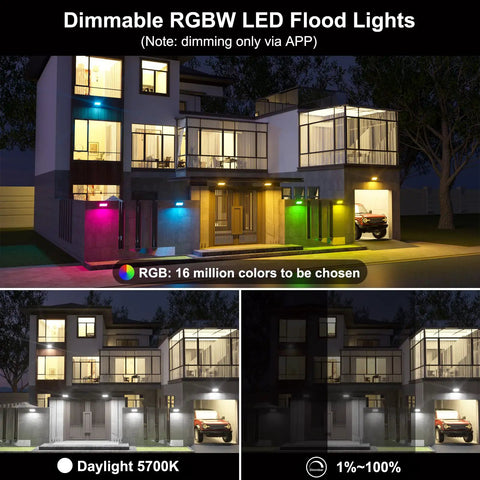 Dimmable RGBW LED Flood Lights For Yard And Patio With Smart Color Changing IP66 Waterproof Fixture Music Sync And Timer Function 4Pack in a modern home setting.