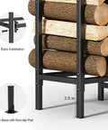 Close-up of 4 Foot Firewood Rack With Weatherproof Cover, highlighting sturdy black metal frame and log storage.