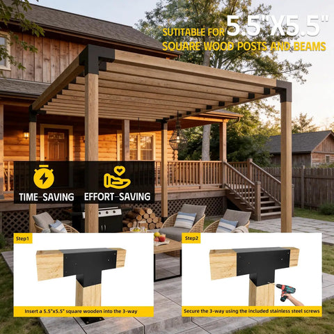 Heavy Duty 3 Way T Shaped Pergola Brackets Kit For 6x6 Wood Beams DIY Outdoor Patio Gazebo And Log Cabin Projects With Hardware Galvanized Steel And Matte Black Finish For Lasting Strength