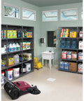 Rock Solid Commercial Steel Shelving Unit With Raised Flanges And Adjustable Clips For No Hassle Storage, Six Tier Metal Rack displaying cleaning supplies in gray storage unit.