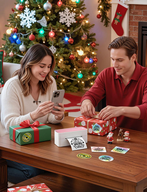 Bluetooth Thermal Label Printer For 4x6 Shipping Labels, Wireless, Small Biz Ready, Pink Color on table with gift boxes