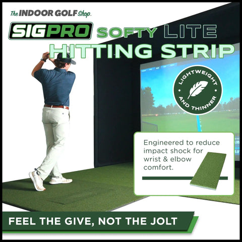 Indoor Golf Hitting Strip Pro Grade Replaceable Mat With Realistic Fairway Feel shown with golfer practicing indoors