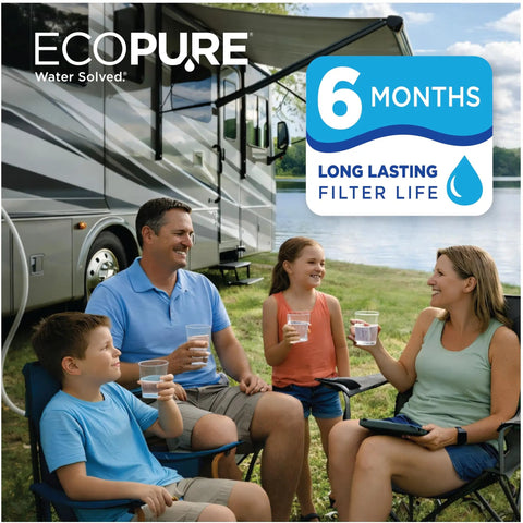 Top Shelf Universal RV And Marine In Line Water Filter No Fuss Garden Hose Hookup Cuts Chlorine And Sediment Straight Up For Fresh Clean Hydration and Smooth Sailing Adventures Anywhere You Roam, family enjoying clean water near RV.