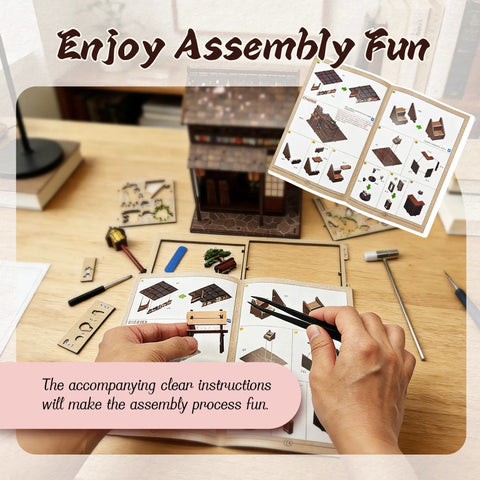 Hands assembling DIY Book Nook Kit Sakura Tea Pavilion 3D Wooden Puzzle Japanese Miniature House Kit 3-hour build instructions