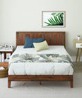 King Size Solid Wood Platform Bed Frame With Antique Espresso Finish And Integrated Headboard in stylish bedroom setting.
