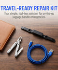 Travel-ready repair kit with black luggage handle replacement tool, multi-tool, and blue USB cable on wooden surface.