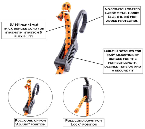 Close-up of All Purpose Adjustable Bungee Cords With Hooks, 48 Inch, Orange and Black, showing hook, adjustment notches and tension control.