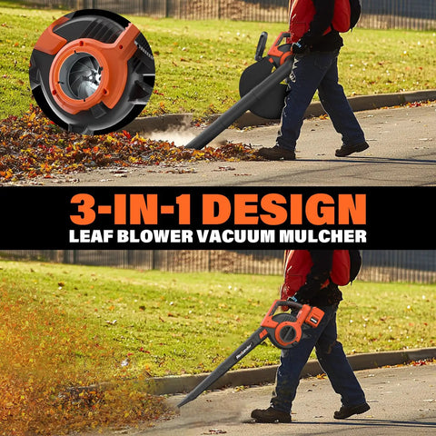Cordless Leaf Blower Vacuum Mulcher 3 in 1 with Bag 40V Power in use on driveway; 3-in-1 design feature highlighted