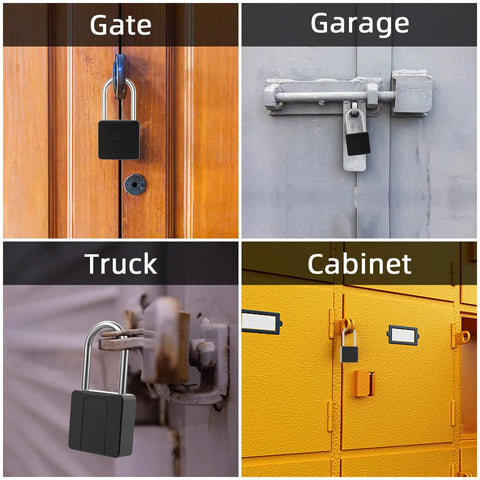 Fingerprint Padlock With Bluetooth Lock App on gate, garage, truck, cabinet showcasing outdoor use, long shackle, waterproof.