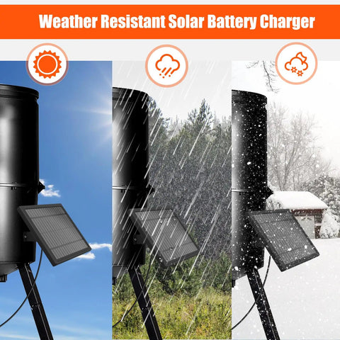 Weather Resistant Solar Panel Charger for Deer Feeders and Trail Cameras in sunny, rainy, and snowy conditions.