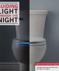 Elongated Nightlight Toilet Seat With Soft Close And Quick Release, Battery Powered Night Light For Bathrooms, Uses Four AA Batteries, Easy Install White shown in nighttime and daytime settings.